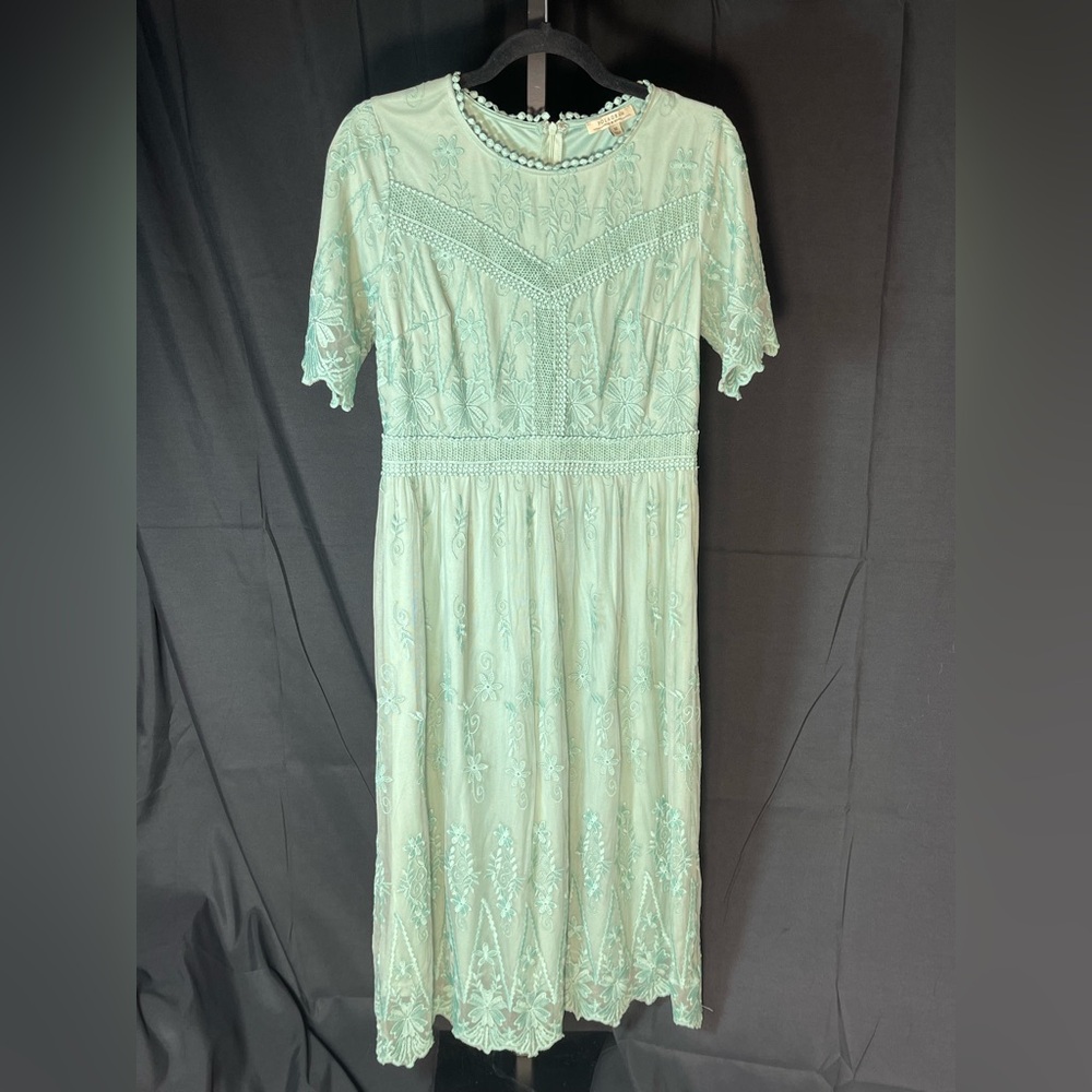 Polagram Pastel Grewn Lacey Embroidered Maxi Dress. Fairy, Cottage, Whimsy Boho,